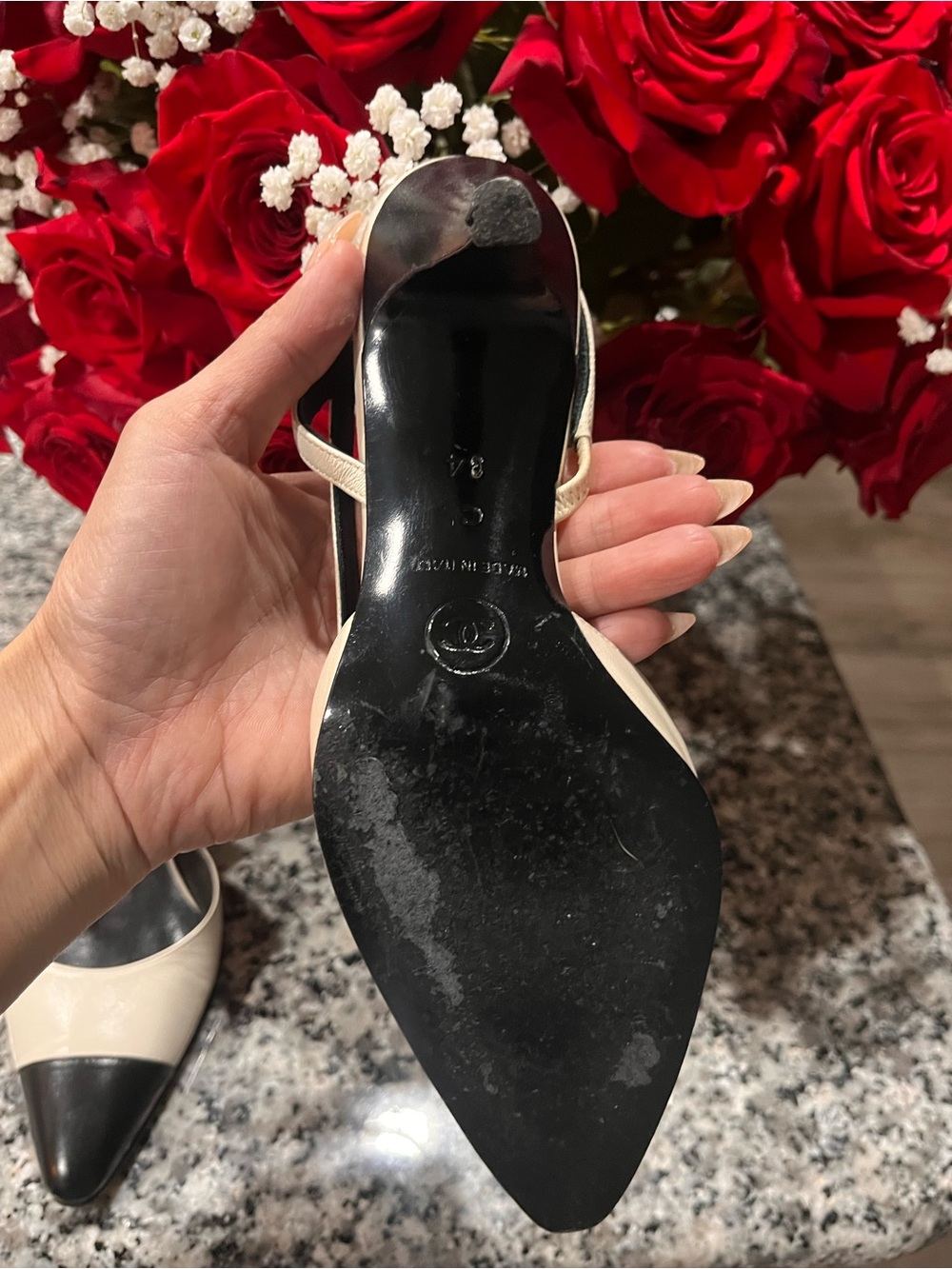 Authentic Vintage CHANEL Cream and Black Two-Tone Slingback Pumps - Picture 11 of 14
